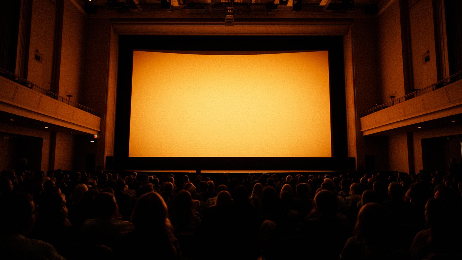 A darkened auditorium glowing with projector light